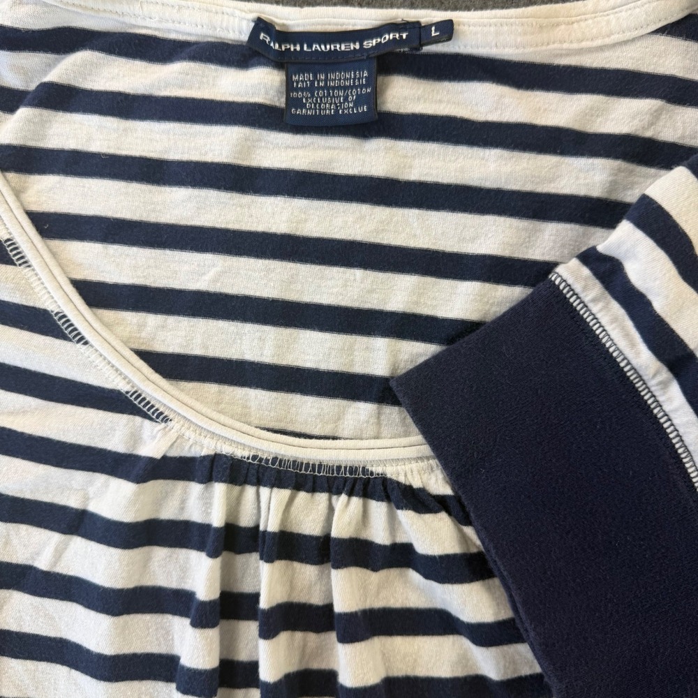 Ralph Lauren Sport Top Women's L Navy Blue White Striped Short-Sleeve Nautical